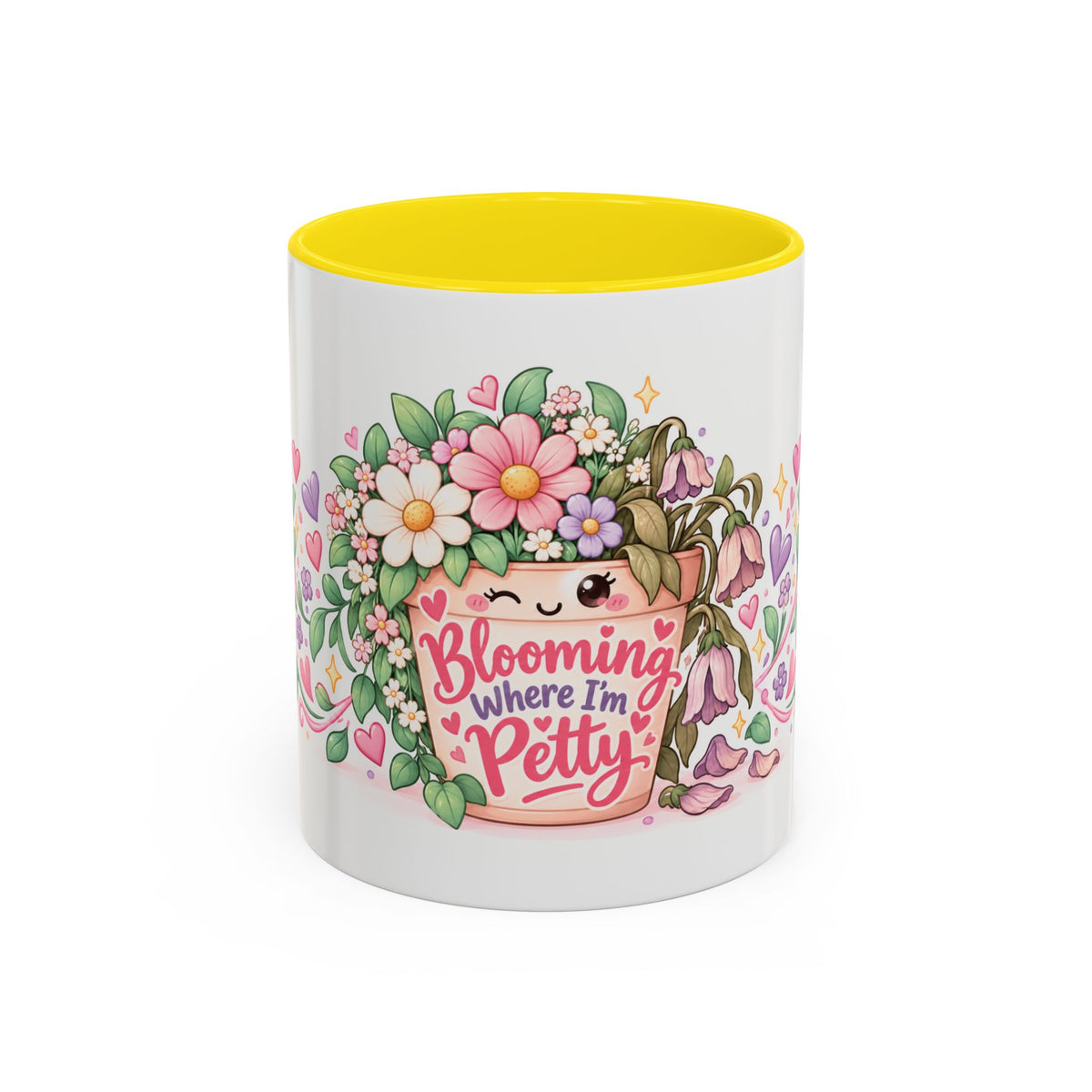 Blooming Where I'm Petty accent coffee mug, 11oz, white with yellow interior and handle