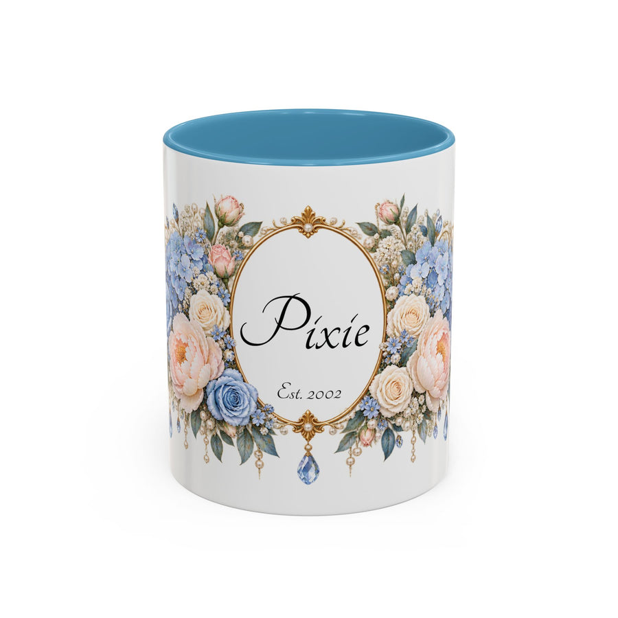 Blue Rose Name Frame personalized accent coffee mug, 11oz, white with light blue interior and handle