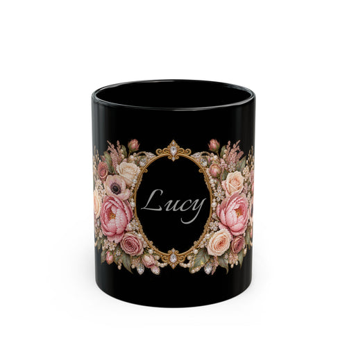 Blush Rose Name Frame personalized black coffee mug, 11oz, front view