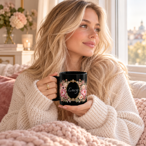 Blush Rose Name Frame personalized black coffee mug in a cozy lifestyle photo