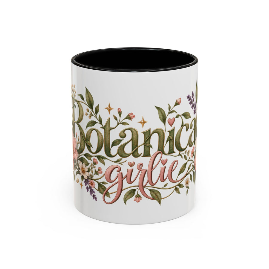 Botanical Girlie accent coffee mug, 11oz, white with black interior and handle