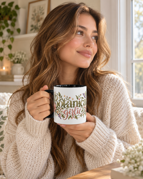 Botanical Girlie accent coffee mug in a cozy lifestyle photo