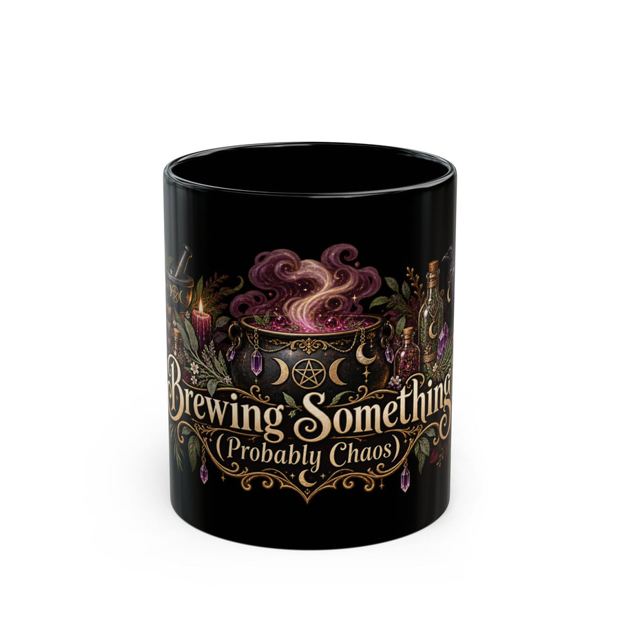 Brewing Something (Probably Chaos) black coffee mug, 11oz, front view