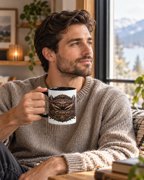 Cancer Bronze Zodiac accent coffee mug in a cozy lifestyle photo