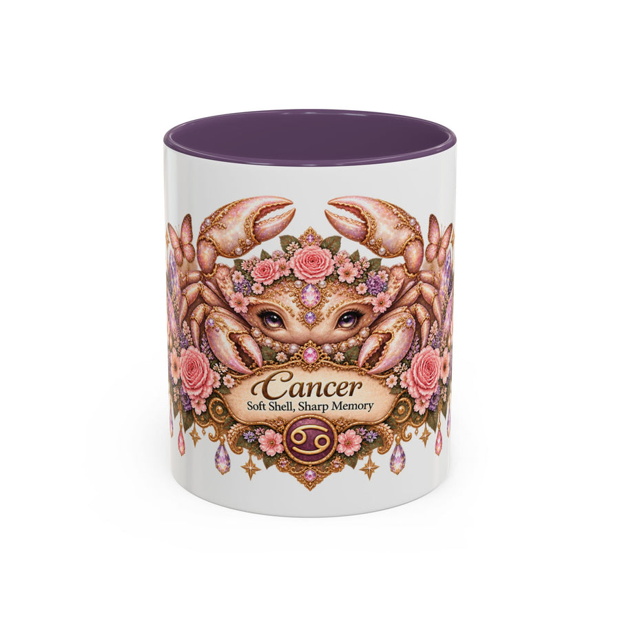 Cancer Floral Zodiac accent coffee mug, 11oz, white with purple interior and handle