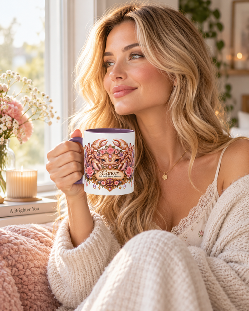 Cancer Floral Zodiac accent coffee mug in a cozy lifestyle photo