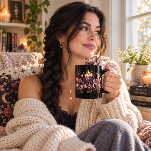 Candlelight & Contempt black coffee mug in a cozy lifestyle photo