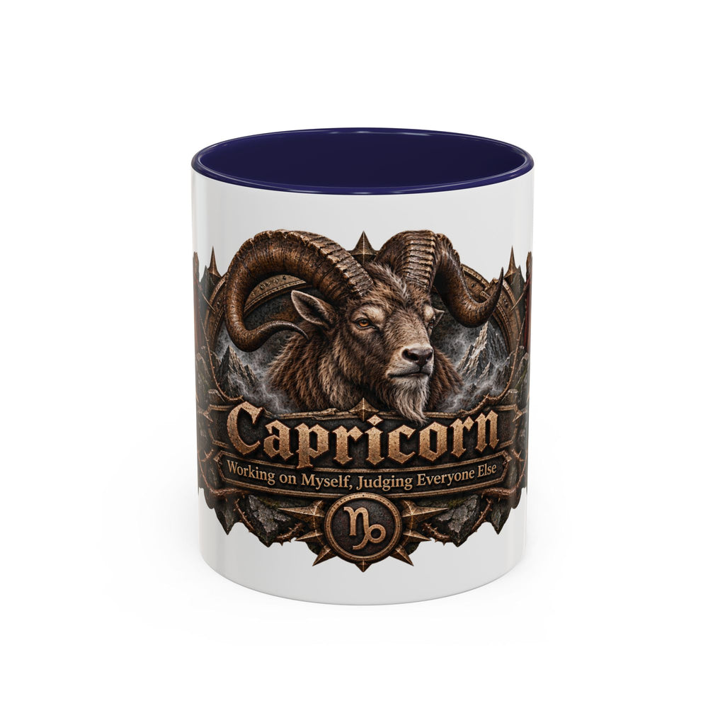 Capricorn Bronze Zodiac accent coffee mug, 11oz, white with navy interior and handle