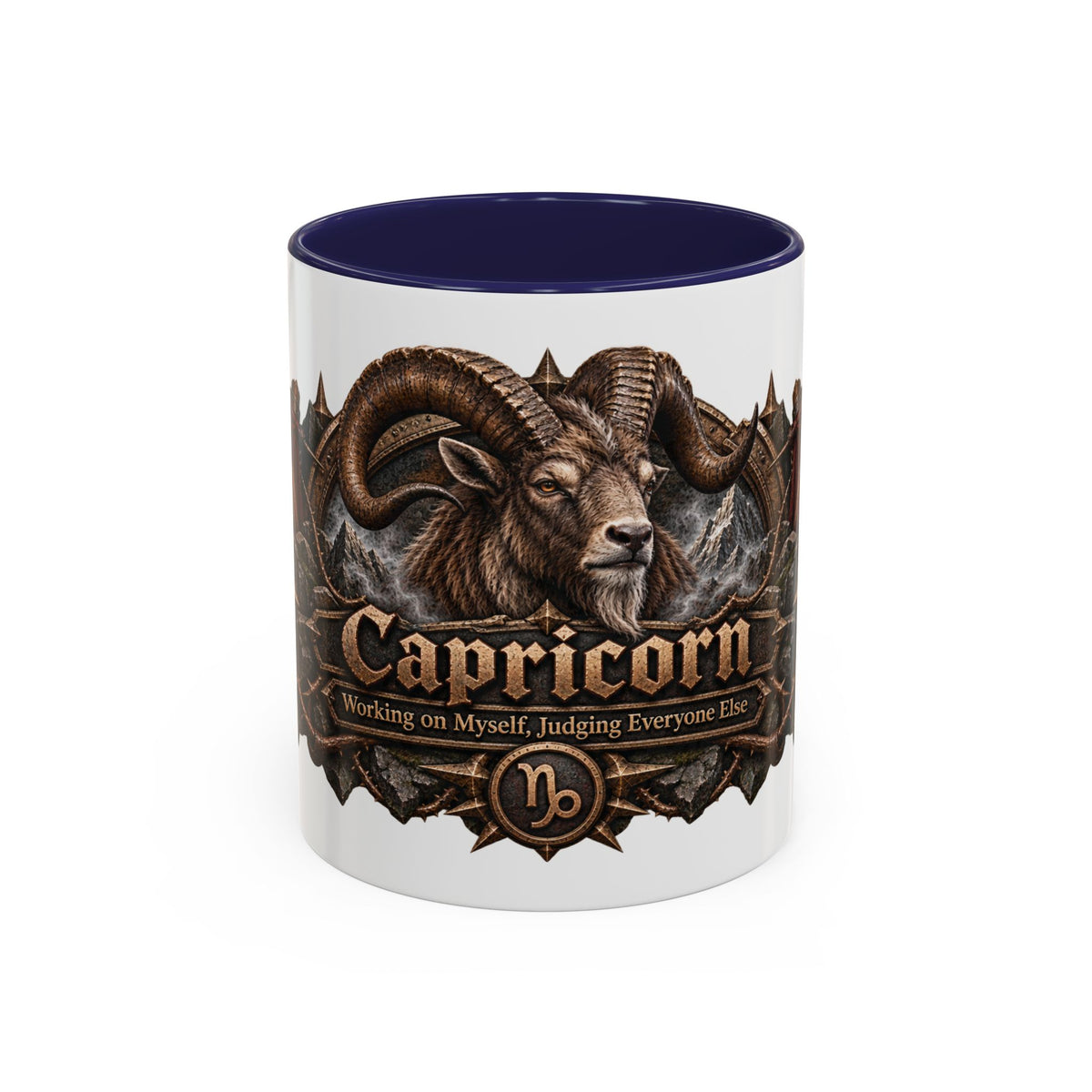 Capricorn Bronze Zodiac accent coffee mug, 11oz, white with navy interior and handle