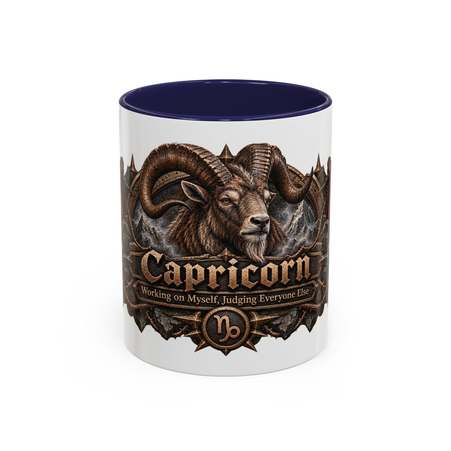 Capricorn Bronze Zodiac accent coffee mug, 11oz, white with navy interior and handle