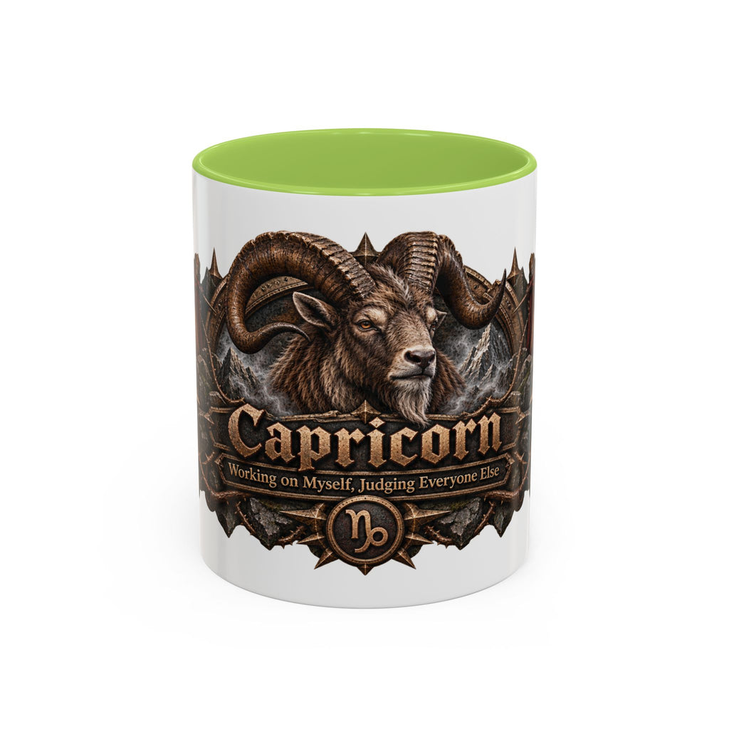 Capricorn Bronze Zodiac accent coffee mug, 11oz, white with light green interior and handle