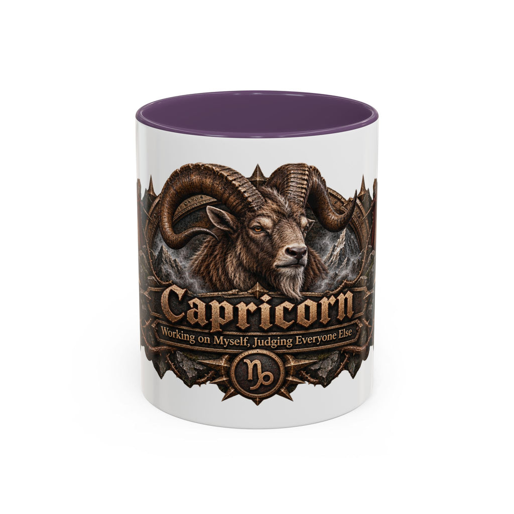 Capricorn Bronze Zodiac accent coffee mug, 11oz, white with purple interior and handle