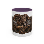 Capricorn Bronze Zodiac accent coffee mug, 11oz, white with purple interior and handle