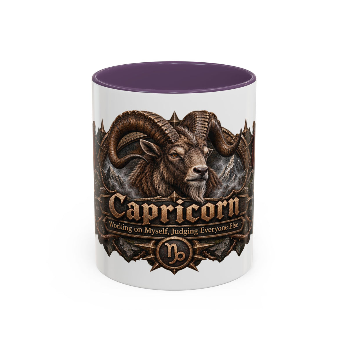 Capricorn Bronze Zodiac accent coffee mug, 11oz, white with purple interior and handle