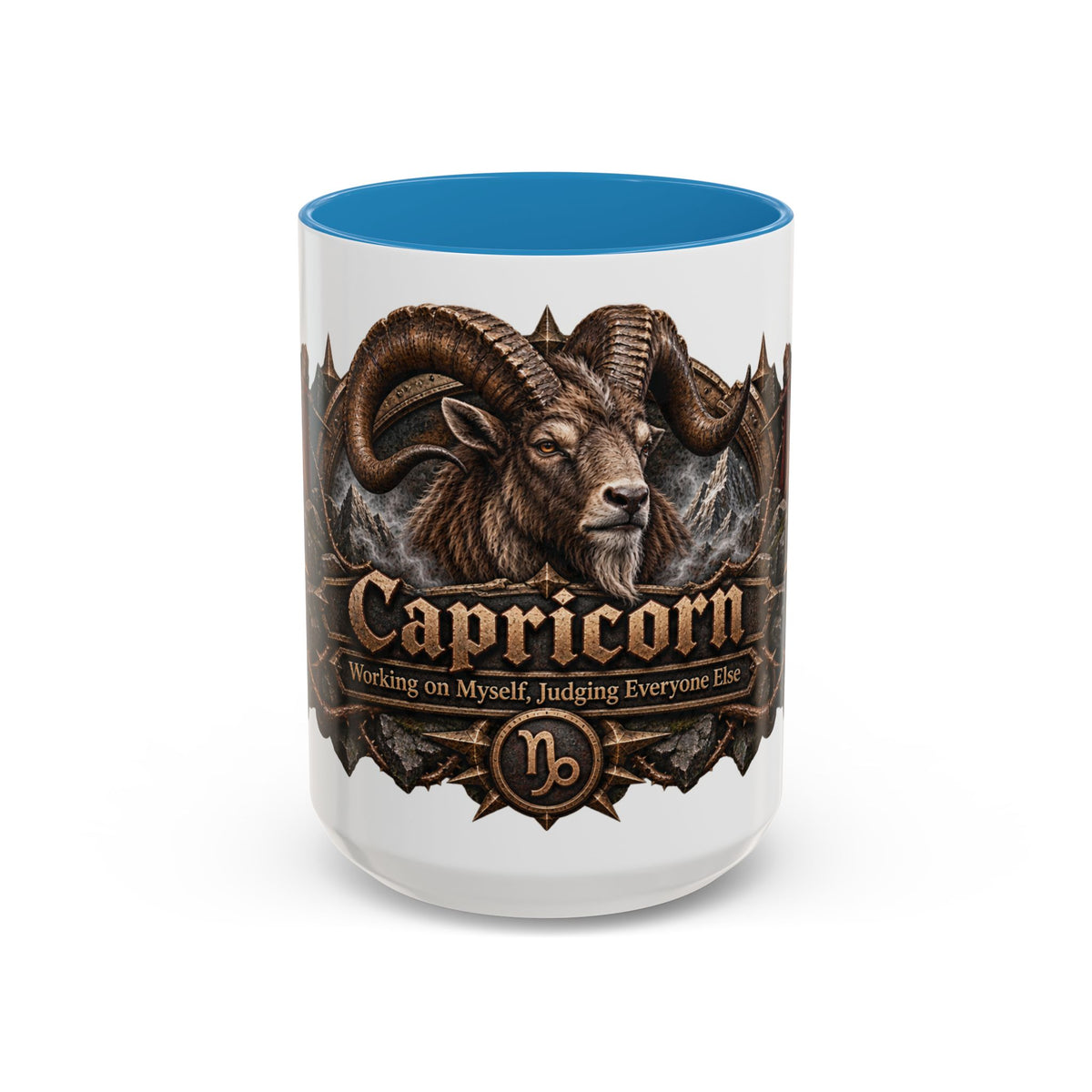 Capricorn Bronze Zodiac accent coffee mug, 15oz, white with blue interior and handle
