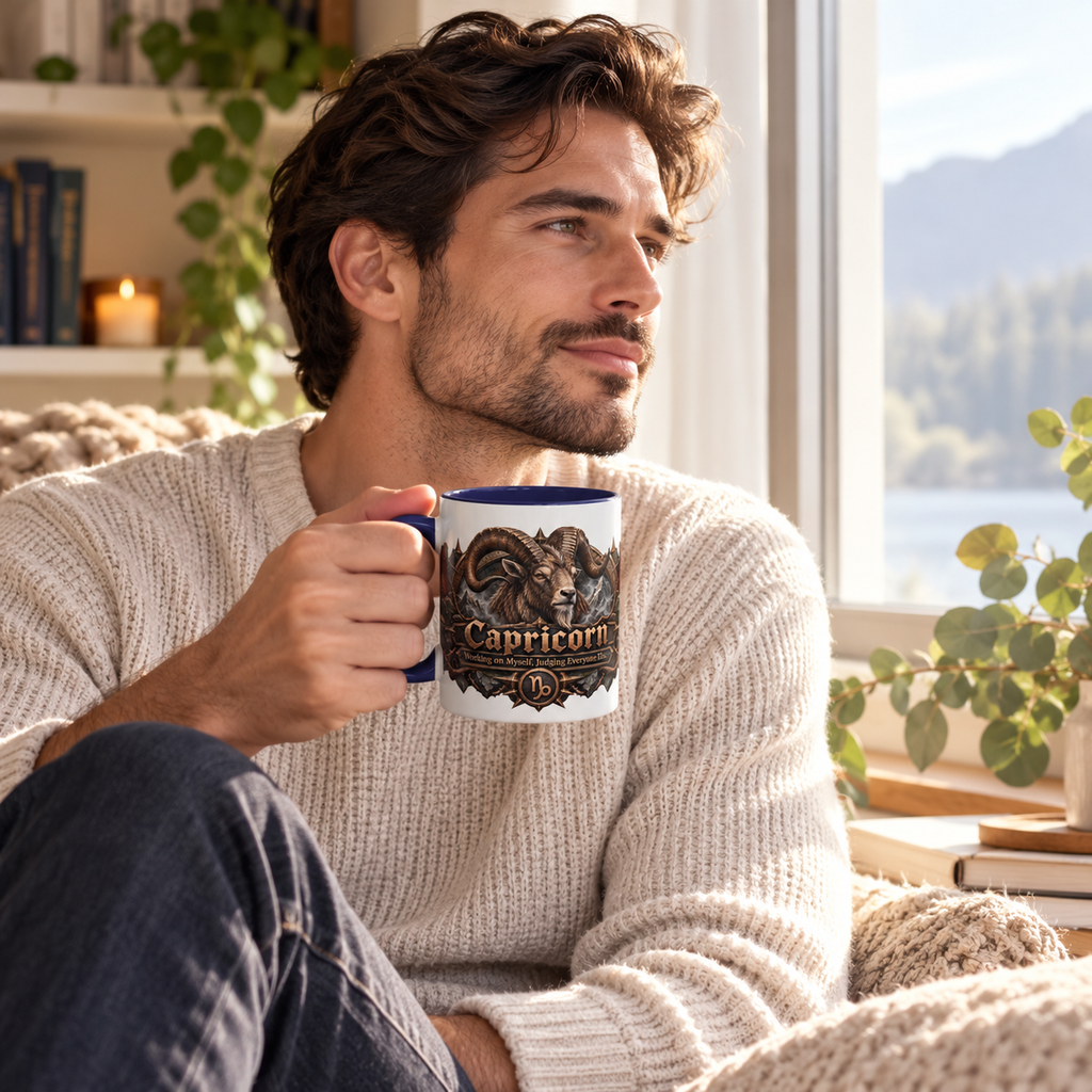Capricorn Bronze Zodiac accent coffee mug in a cozy lifestyle photo