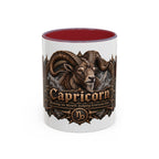 Capricorn Bronze Zodiac accent coffee mug, 11oz, white with maroon interior and handle