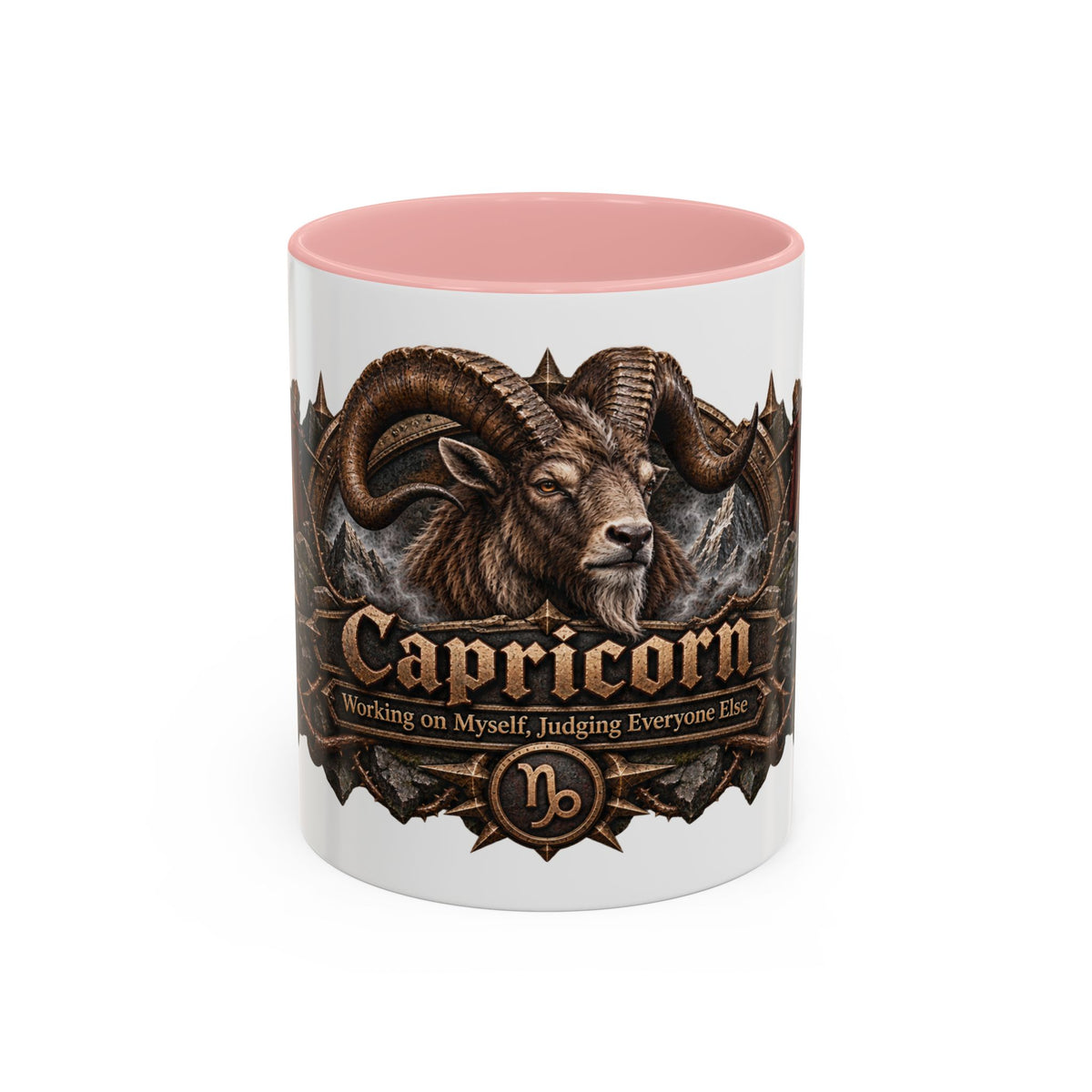 Capricorn Bronze Zodiac accent coffee mug, 11oz, white with pink interior and handle