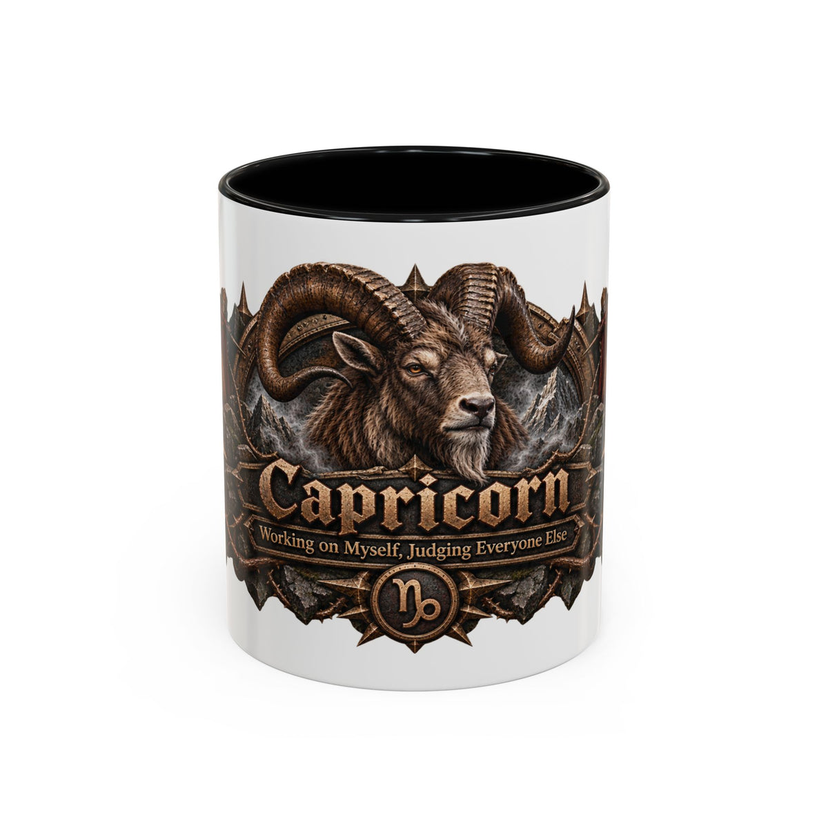 Capricorn Bronze Zodiac accent coffee mug, 11oz, white with black interior and handle