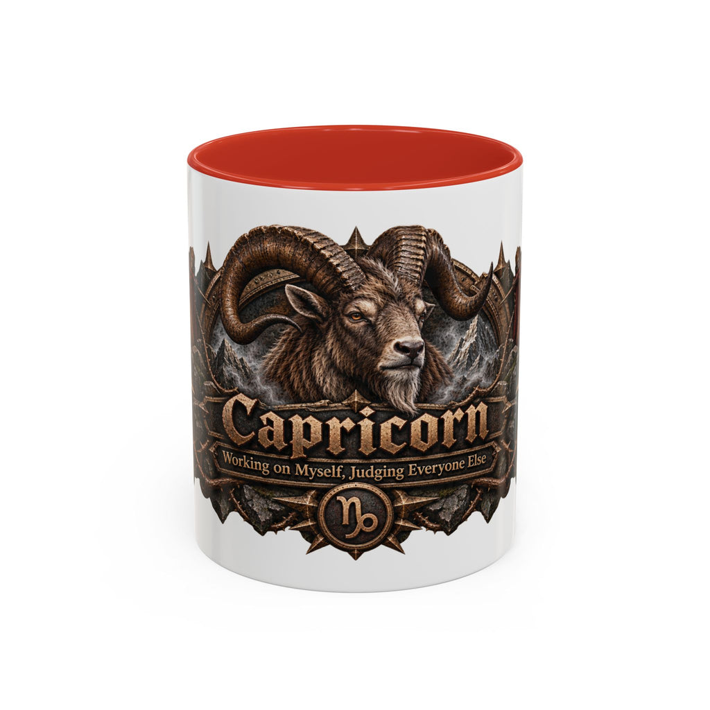 Capricorn Bronze Zodiac accent coffee mug, 11oz, white with red interior and handle