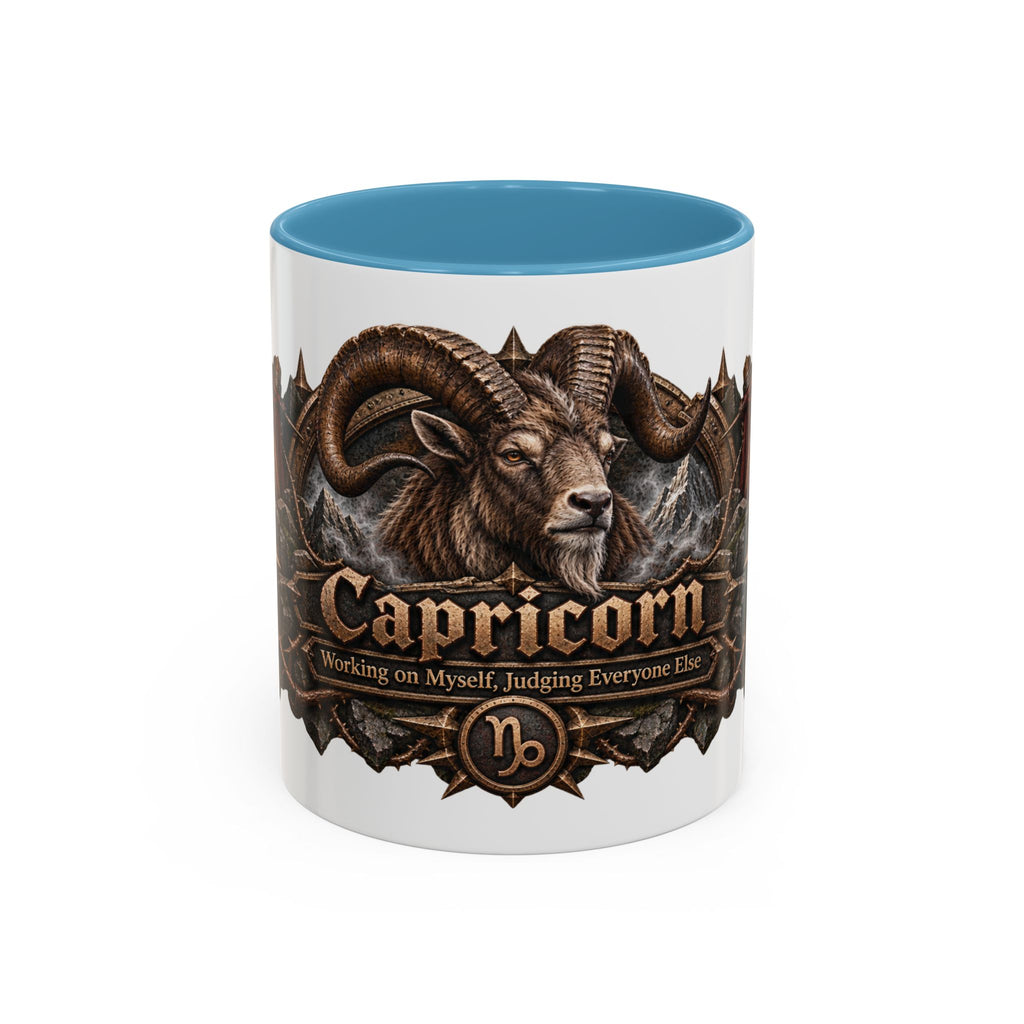 Capricorn Bronze Zodiac accent coffee mug, 11oz, white with light blue interior and handle