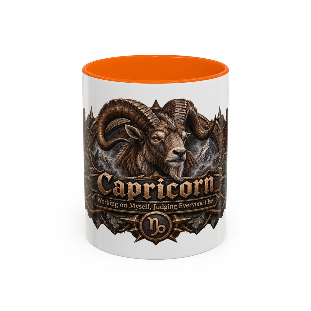 Capricorn Bronze Zodiac accent coffee mug, 11oz, white with orange interior and handle