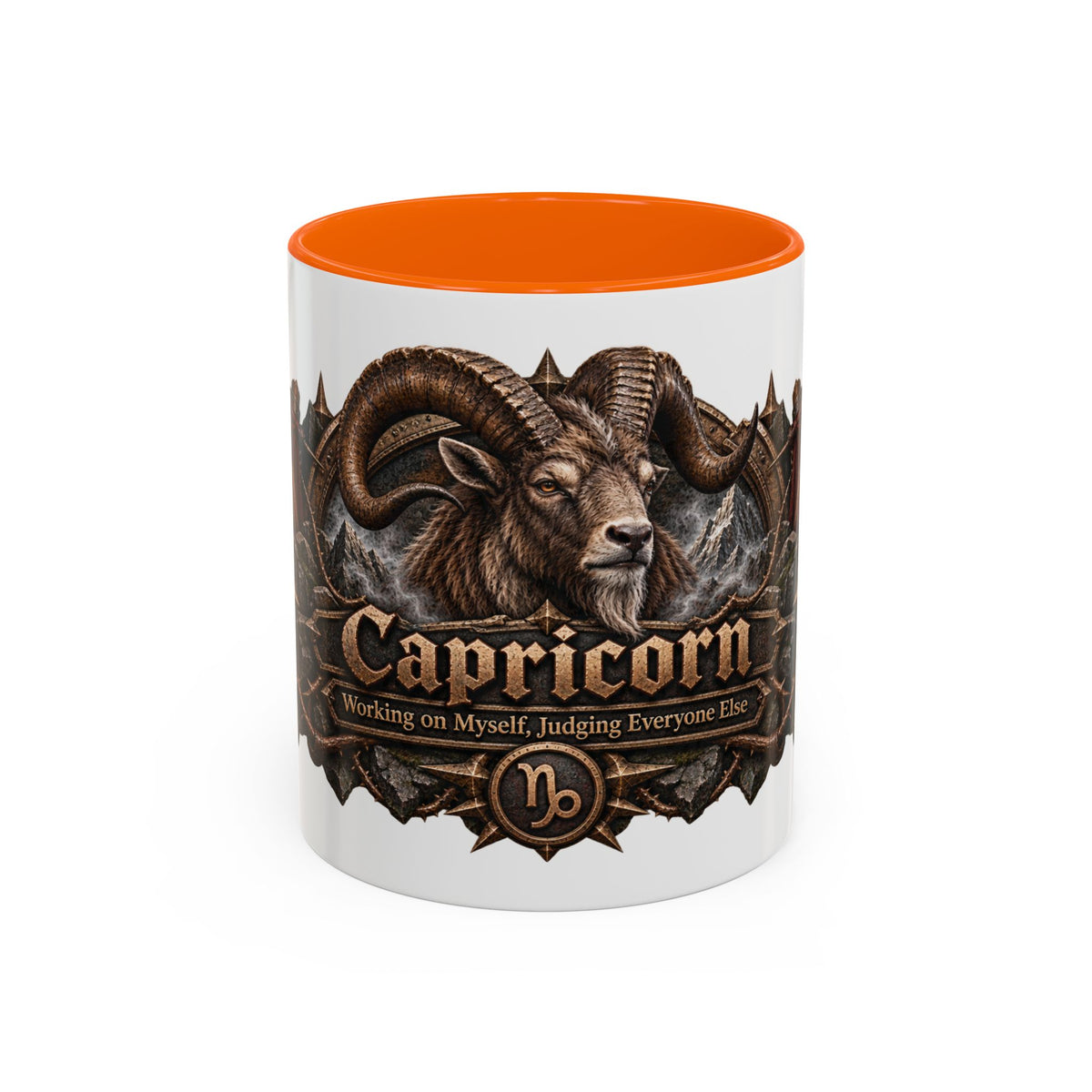 Capricorn Bronze Zodiac accent coffee mug, 11oz, white with orange interior and handle