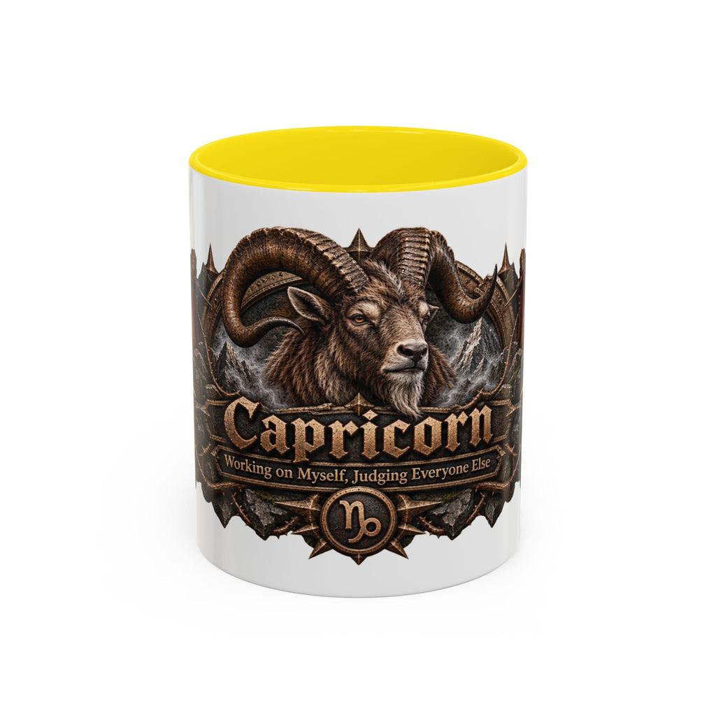 Capricorn Bronze Zodiac accent coffee mug, 11oz, white with yellow interior and handle
