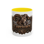 Capricorn Bronze Zodiac accent coffee mug, 11oz, white with yellow interior and handle