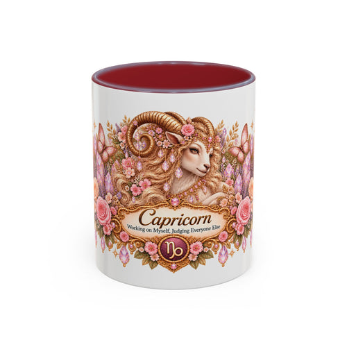 Capricorn Floral Zodiac accent coffee mug, 11oz, white with maroon interior and handle