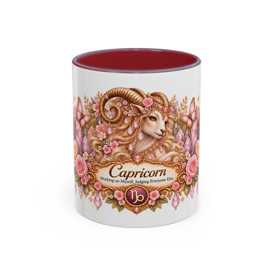 Capricorn Floral Zodiac accent coffee mug, 11oz, white with maroon interior and handle