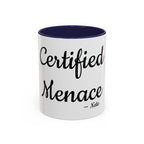 Certified Menace personalized accent coffee mug, 11oz, white with navy interior and handle