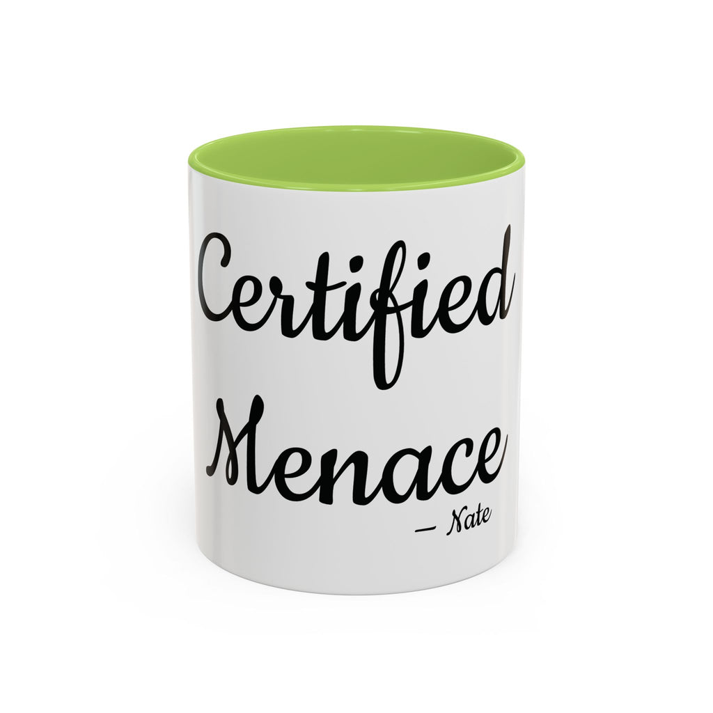 Certified Menace personalized accent coffee mug, 11oz, white with light green interior and handle