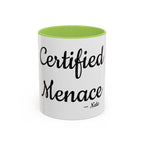 Certified Menace personalized accent coffee mug, 11oz, white with light green interior and handle