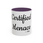 Certified Menace personalized accent coffee mug, 11oz, white with purple interior and handle