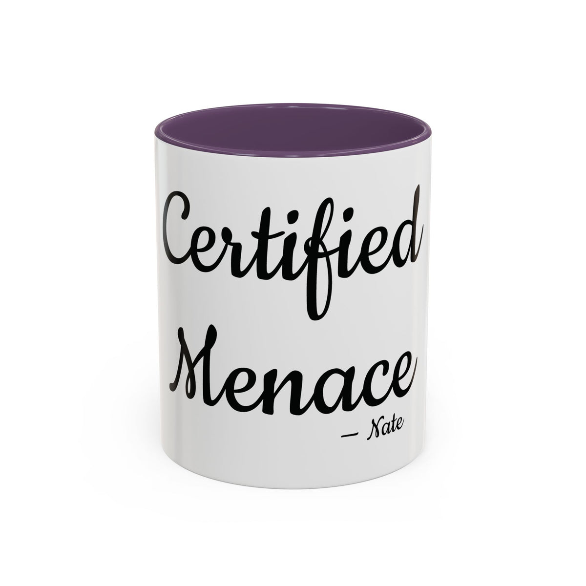 Certified Menace personalized accent coffee mug, 11oz, white with purple interior and handle