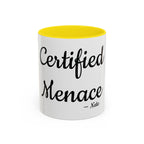 Certified Menace personalized accent coffee mug, 11oz, white with yellow interior and handle