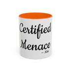 Certified Menace personalized accent coffee mug, 11oz, white with orange interior and handle