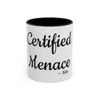 Certified Menace personalized accent coffee mug, 11oz, white with black interior and handle