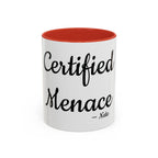 Certified Menace personalized accent coffee mug, 11oz, white with red interior and handle