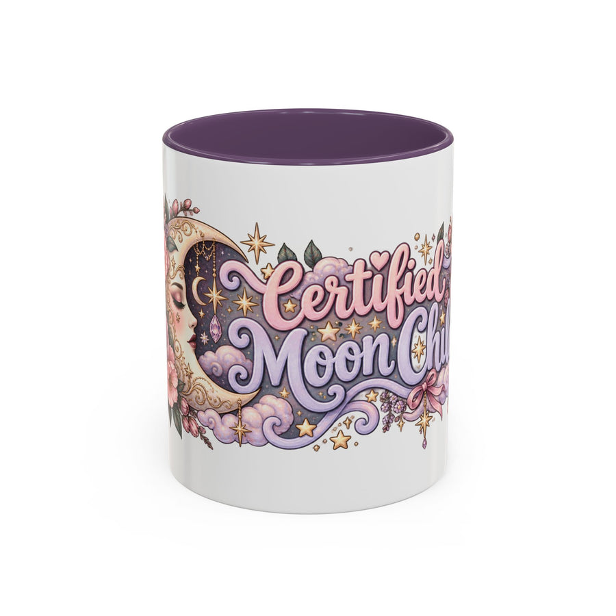 Certified Moon Child accent coffee mug, 11oz, white with purple interior and handle