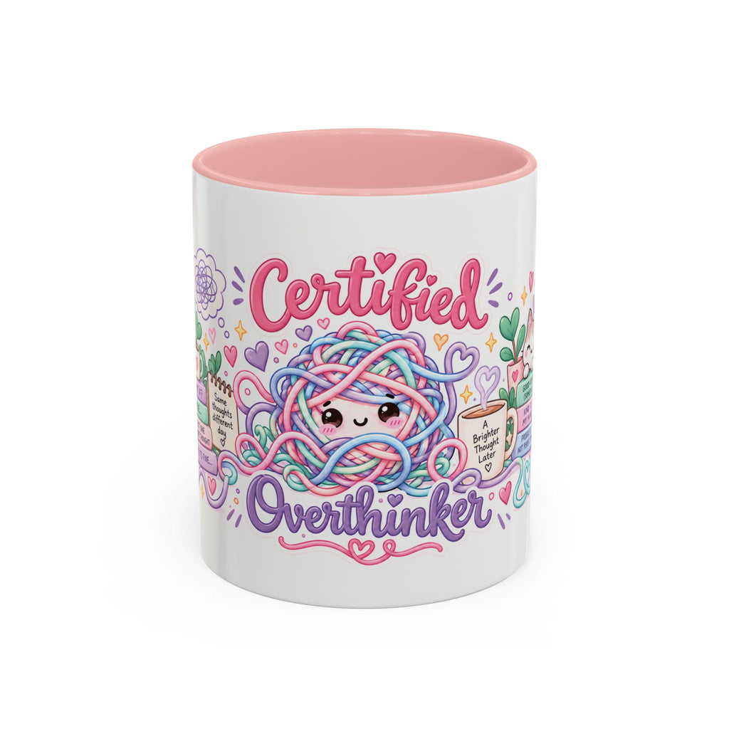 Certified Overthinker accent coffee mug, 11oz, white with pink interior and handle