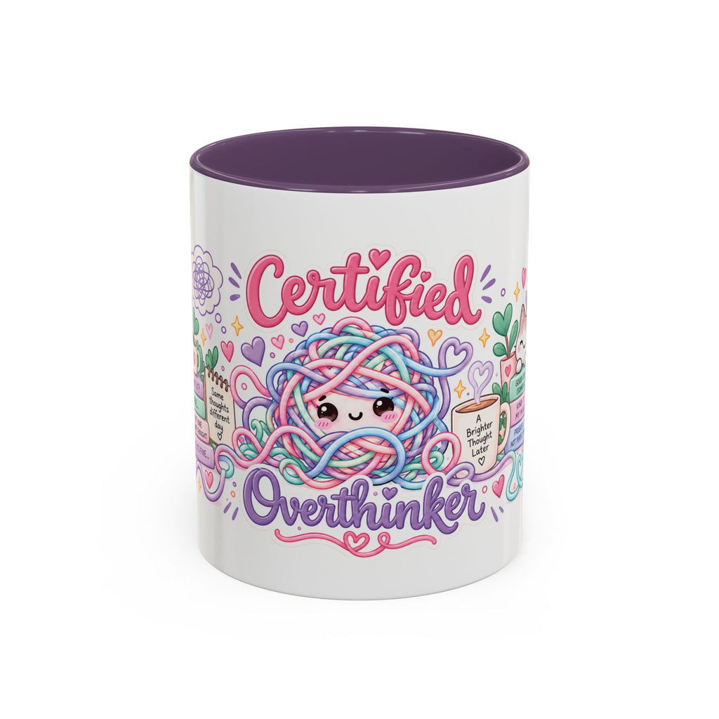 Certified Overthinker accent coffee mug, 11oz, white with purple interior and handle