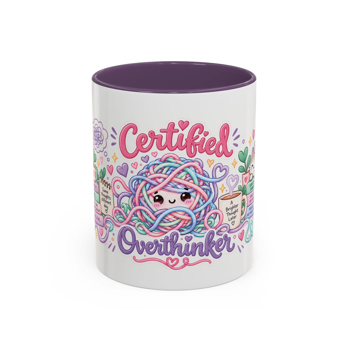 Certified Overthinker accent coffee mug, 11oz, white with purple interior and handle