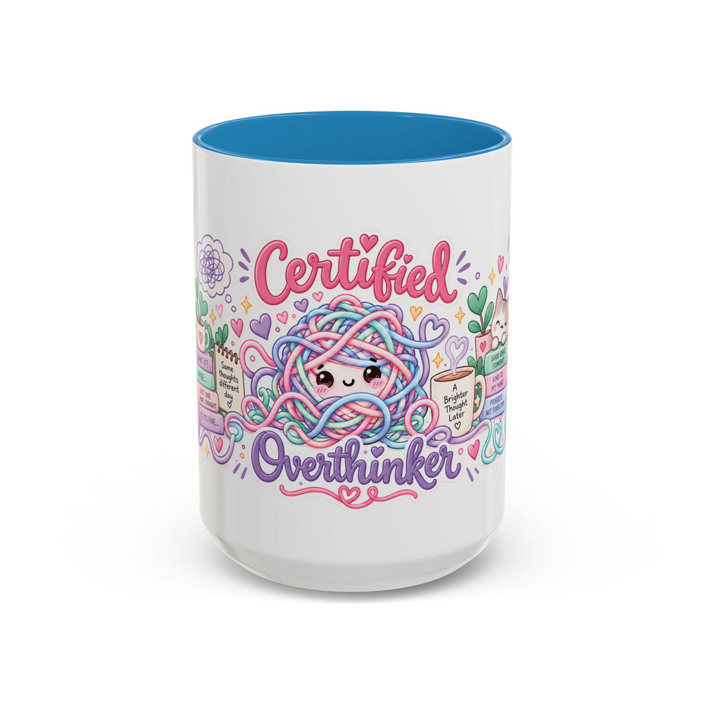 Certified Overthinker accent coffee mug, 15oz, white with blue interior and handle