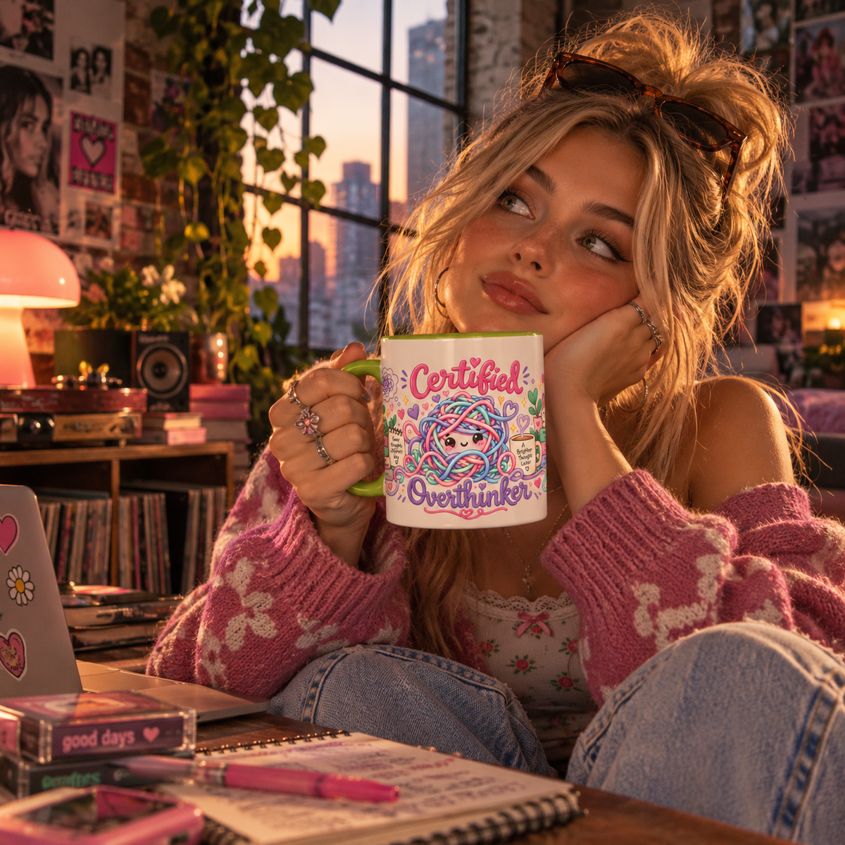 Certified Overthinker accent coffee mug in a cozy lifestyle photo