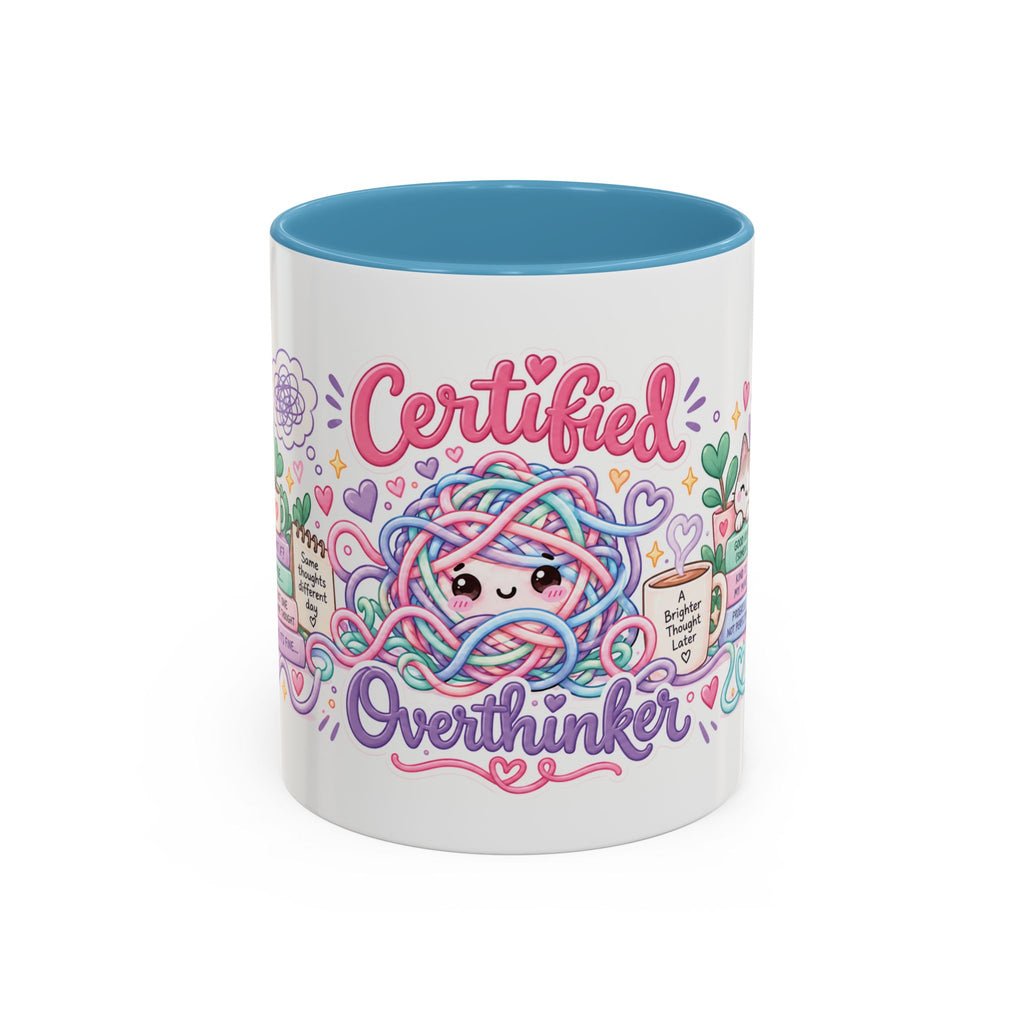 Certified Overthinker accent coffee mug, 11oz, white with light blue interior and handle