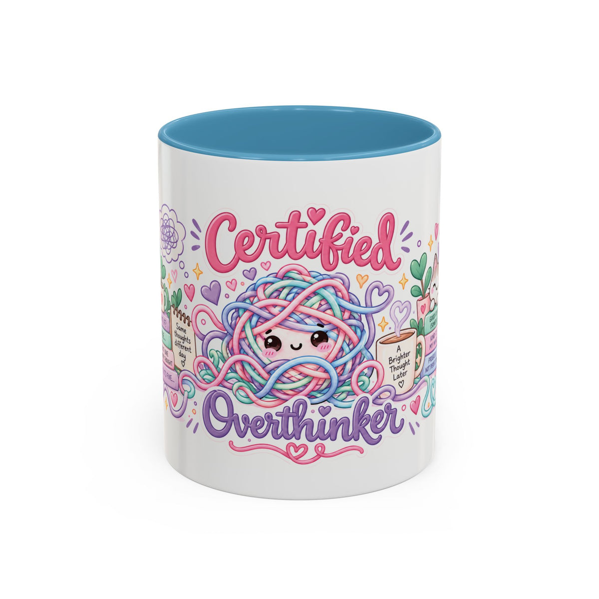 Certified Overthinker accent coffee mug, 11oz, white with light blue interior and handle
