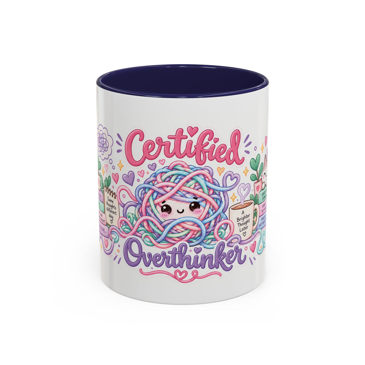 Certified Overthinker accent coffee mug, 11oz, white with navy interior and handle