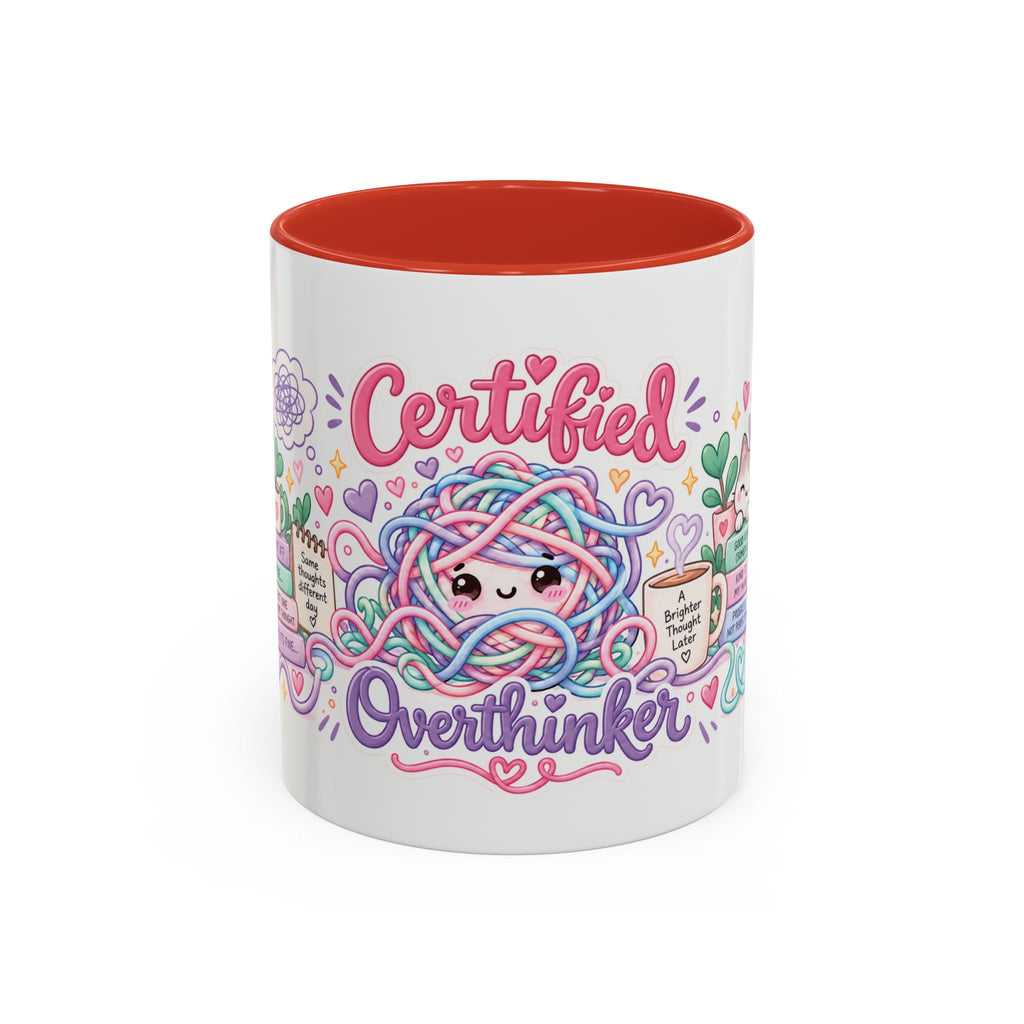 Certified Overthinker accent coffee mug, 11oz, white with red interior and handle